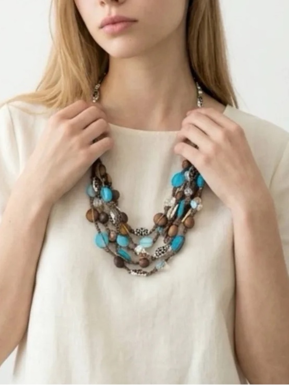 Brighton Riviera Blue Lagoon Wood Shell Beaded Boho Multi Strand